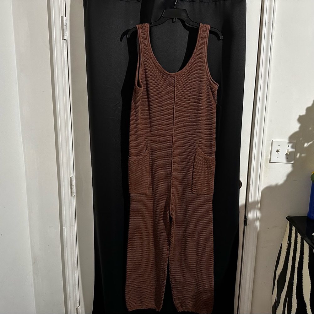 Brown Knit Jumpsuit with Pockets. Sweater Romper. Size M. Boho.